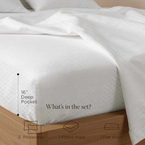 Image of Threadmill 300 Thread Count Cotton King Sheet Set, Sateen, Damask, White | 100% Cotton, Sateen Weave, Damask Pattern, 4-Piece Set, 16 inch Deep Pocket, Fade-Resistant, Breathable, All-Season, Lightweight