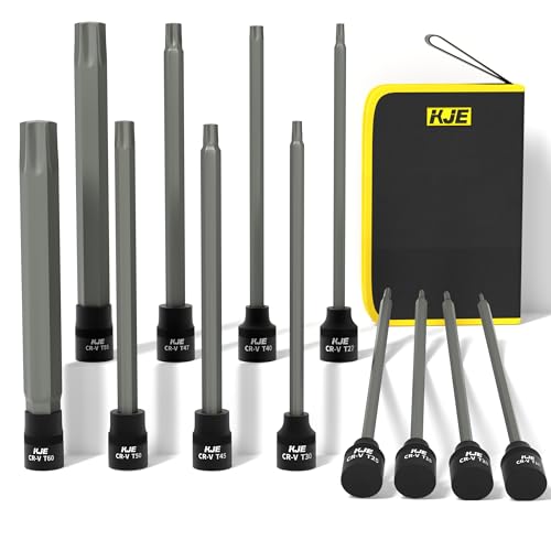 KJE 12 PCS 3/8Drive 150mm (5.9 inch) Extra Long Torx Bit Socket Set Deep Star Bit Socket Set T10 to T60 CR-V S2 Steel For Demanding Auto Repair & Industrial Use