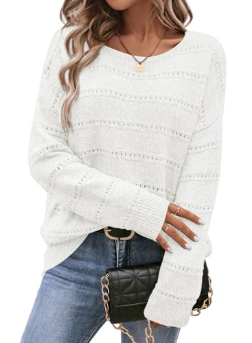 Image of SHEWIN Women's Sweaters Crew Neck Crochet Sweater Lightweight Knit Long Sleeve Tops Shirts Loose Fit Spring 2026