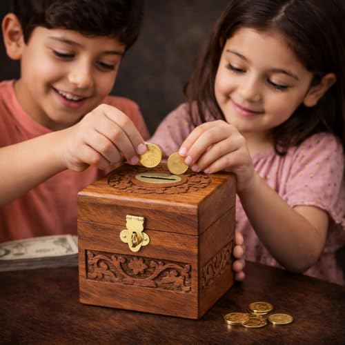 Image of Wooden Money Bank for Kids Natural Wood Coin Saving Box Square Shape 4x4x4 inch Childrens Piggy Bank Gift Idea for Boys and Girls. with Lock