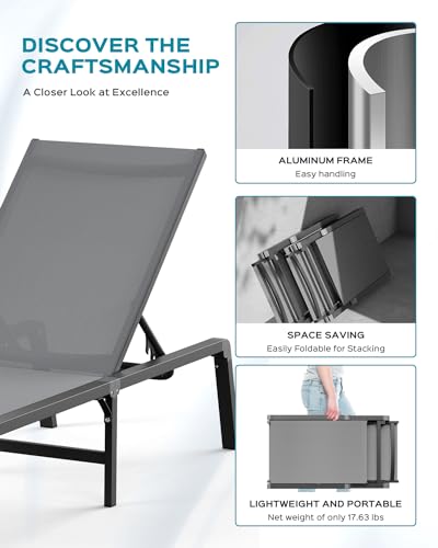 Ciokea Aluminum Chaise Lounge Ourdoor - Foldable & Assemble Free Outdoor Lounge Chair With 5 Adjustable Backrest, Patio Lounge Chair For Outside Poolside Beach Pool thumb #4