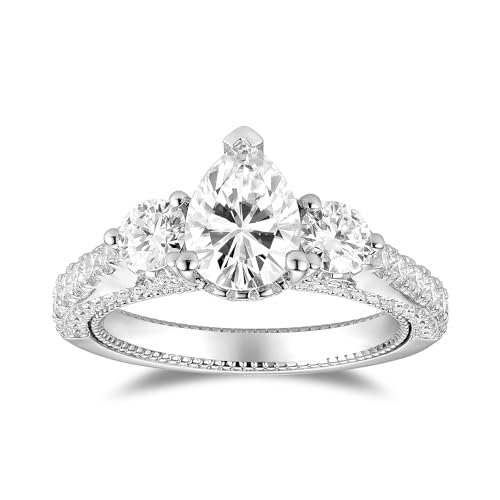 DovEggs Moissaniote Rings for Women 3ct Total Center 5mm-6x8mm-5mm GHI Pear & Round Cut 3 Stone Vintage/Antique Moissanite Engagement Ring 14k Gold QUALITY Silver with Accents Band Width 2.5mm2