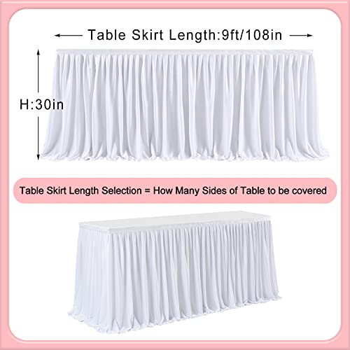 White 9Ft Pleated Polyester Table Skirt Cloth For Wedding Baby Shower Decorations, Birthday Party Decor, Gender Reveal, Banquet Dessert Cake Rectangle Round Tables #TOP4