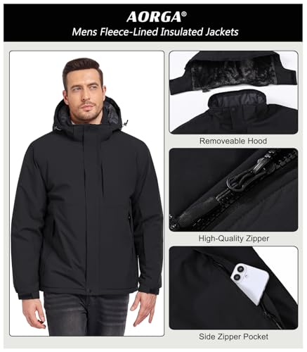 Image of Mens Skiing Jackets Winter Waterproof Snow Jackets Fleece Lined Insulated Heavy Parka Jackets Coats with Hoode