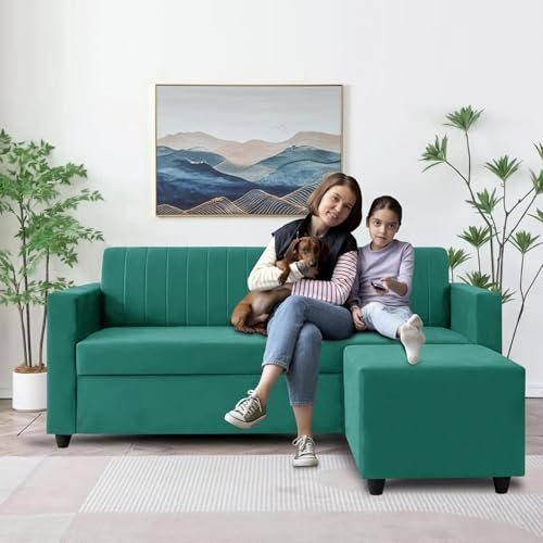 Image of Rosebell Modern L-Shape Velvet Sofa | Right-Hand Four-Seater Sectional Corner Couch with Tufted Back | Elegant Green Sofa for Living Room, Office & Guest Space