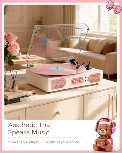 Image of Vinyl Record Player, White & Rose Gold, Built-in Speakers, 3-Speed Belt-Drive Turntable for Beginners, Easy Setup, Vintage Style Record Player Gift
