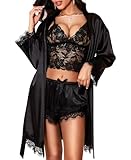 RSLOVE Nuisette Sexy Femme Lingerie   Satin Robe Vêtements Sexy Chemise De Nuit 3 Pièces Noir M