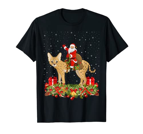 Savannah Cat Lover Santa Riding Savannah Gato Navidad Camiseta