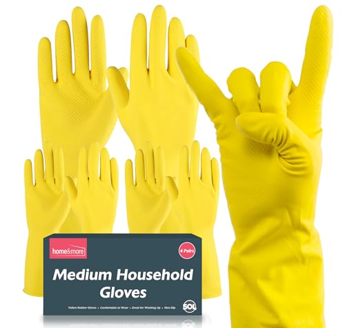 SOL 4 Pairs Medium Household Gloves, Yellow Heavy Duty Rubber Gloves for Cleaning with Non-Slip Grip, Durable Waterproof Design for Kitchen, Bathroom & Dishwashing, Multipurpose & Comfortable To Use
