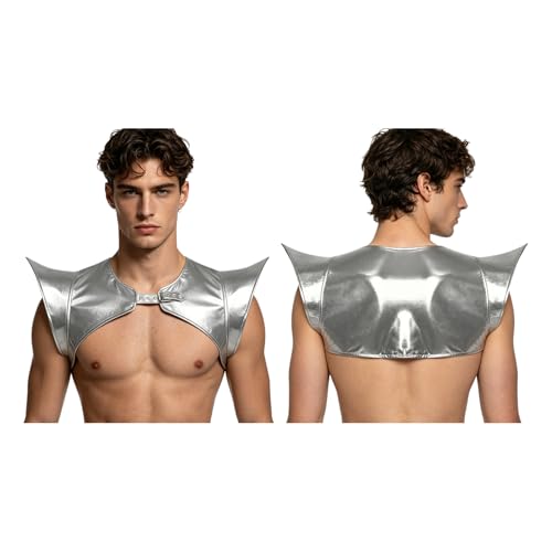 Riismen Hombre Ajustable Espaldares Peto Pectoral Arnes Armadura Hombros Brillo Metálico Pvc Aspecto Humedo Cuero Vestimenta Para Larp Plata XXL