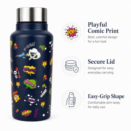 Image of Stainless Steel Water Bottle for School Office Travel | Printed Water Bottle | Drinking Bottle for Home Gym College | Stylish Bottle for Daily Use Picnic & Gifting (Black With Comic)