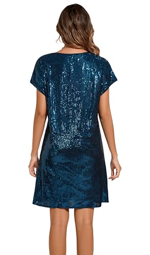 Image of Women's Crewneck Sequin Shift Dress Short Sleeve Casual Holiday Sparkly Party Dress