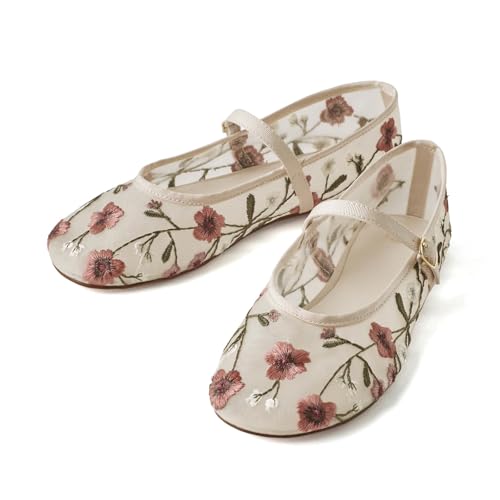 Image of Mesh Ballet Flats for Women Embroidered Floral Mary Jane Flats Round Toe Slip On Ballerina Shoes Comfortable Casual Daily Dress Flat Shoes