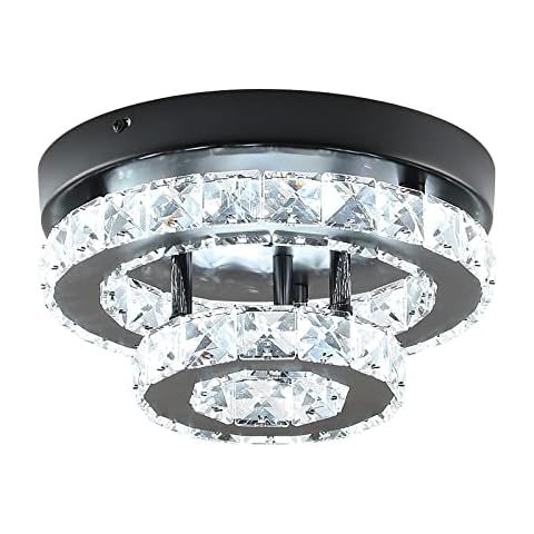 ECOBRT Modern Crystal Chandelier Black Flush Mount Ceiling Light Surface Mount Led Ceiling Light Mini Bedroom Ceiling Lights Indoor 9.8" Diameter Mini Crystal Chandeliers Black 6000K Cover