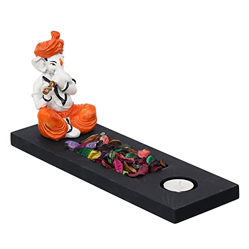 Image of eCraftIndia Orange White Resin Lord Ganesha Idol Playing Flute Showpiece Potpourri Rectangle Tea Light Candle Holder| Ganpati Murti Tea Light Holder Diwali Decoration Items for Home Decor| Diwali Gift