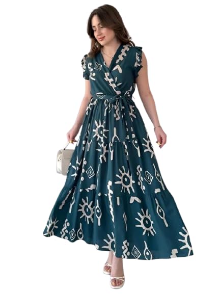 Women's Black Maxi Dress, Abstract Print, Wrap Style, Ruffle Cap Sleeves, Belted Flowy Tiered Gown-picture-13