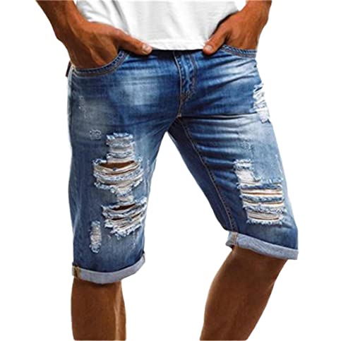Short d'été vintage déchiré homme en jean bleu taille L avec revers