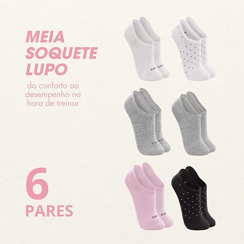 LUPO Kit 6 Pares Meia Soquete Meia Sapatilha Meia Invisivel Algodão Feminino Meia Lupo Sport, 2 Bran