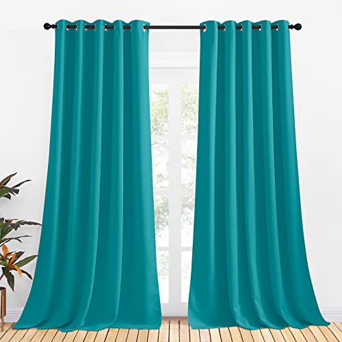 NICETOWN Thermal Insulated Peacock Teal Curtains for Living Room, Window Treatment Solid Grommet Room Darkening Drape Panels for Bedroom (Set of 2, 70