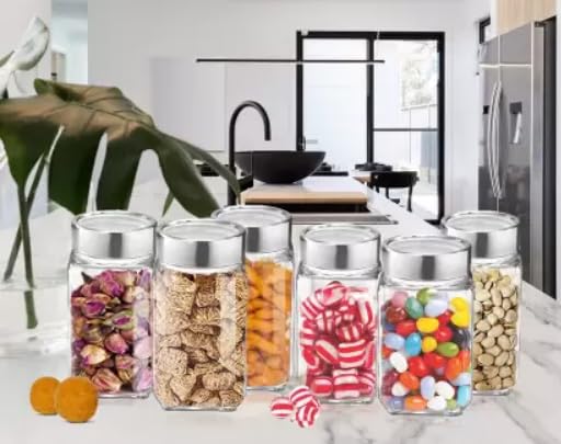 Image of Croco Silver Steel Transparent Clear L Lid Square Cube Glass Jars (Cubical Set of 12, 800 ml)