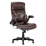 High Back Leather Office Chair - Adjustable Tilt Angle and Flip-up Arms Executive Computer Desk Chair, Thick Padding for Comfort and Ergonomic Design for Lumbar Support, Brown