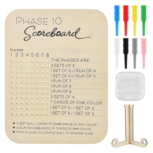 Ovrimelle Phase 10 Score Board, Wooden Phase 10 Scoreboard, Fun Board Games Tracker BoardsCard Games Night Table Score for Back Yard Party Family Game (Color:1 Set)