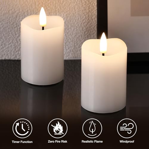 Image of White Flameless Votive Candles with Remote Batteries Set of 6 | 2x3 inch Small Flickering LED Pillar Candles, Battery Powered, Real Wax Coating, Home Table Shelf Decor