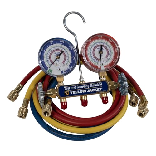 Yellow Jacket 42036 2-Valve Series 41 A2L Manifold (psi F) R32/454B/410A 3-1/8 Gauges (60 Plus II R/Y/B Hoses)
