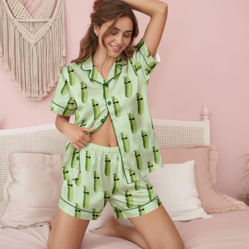 Image of Women 2PCs Satin Pajama Set Short Sleeve Silk Feel Gift Sleepwear | Soft stretch satin; relaxed comfort fit sizes S-3XL for sleep & lounge; short sleeve top, elastic waist shorts; easy care