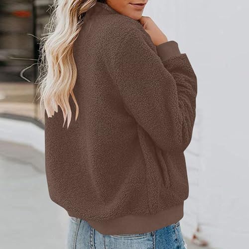KOG Fleecejacke für Damen Winterjacke Warm Vliesjacke Fleecejacken Einfarbige Oberteil Frauen Herbstjacke Trenchcoat Puffer Jacke Softshelljacken Wanderjacke Softshellmantel Braun L