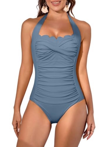 Image of Eomenie Women One Piece Tummy Control Swimsuit Halter Scallop Trim Bathing Suits 1 Piece Vintage Ruched Slimming Swimwear