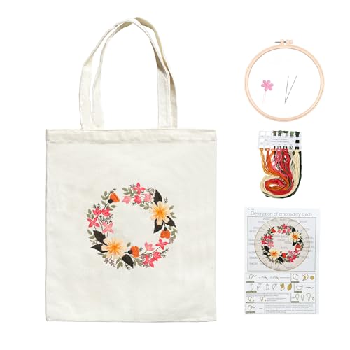 Myfelicity Kit da ricamo, borsa da ricamo con motivi floreali, adatto per principianti e adulti, include borsa tote in tela beige, cerchio, fili colorati e strumenti.