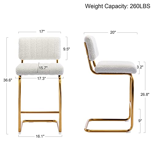 Onevog 26 Inch Counter Stool, Modern Counter Height Bar Stools Set Of 2, White Bar Stools With Boucle Farbic And Gold Metal Base, Upholstered Bar Chair For Kitchen, Dining Room, White #TOP2