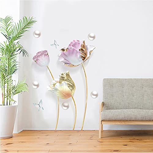 Runtoo Large 3D Flower Wall Stickers Gold Tulip Floral Wall Art Decals For Living Room Bedroom Tv Background Wall Decor #TOP2