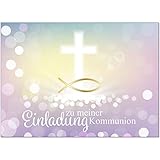 15 x Einladungskarten Kommunion mit Umschlag/Moderner Look mit Fisch Gold/Kommunionskarten/Einladungen zur Feier