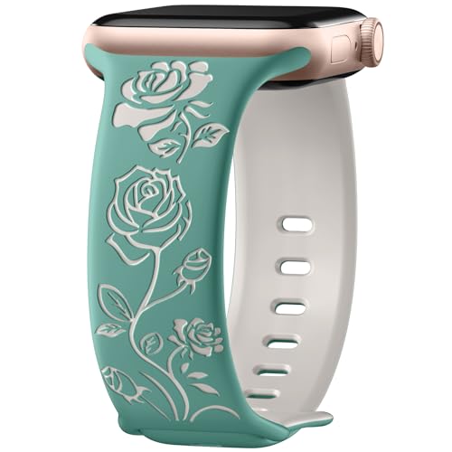 Maledan Compatible with Apple Watch Bands 38mm 41mm 40mm Women Men, Sport Waterproof Floral Engraved iWatch Band Silicone Replacement Watchband for iWatch Series 9 8 7 6 5 4 3 2 1 SE Ultra Pine Green