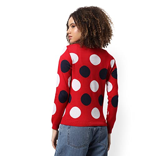 Image of Campus Sutra Women Red Polka Dot Regular Fit Sweater for Winter Wear | Round Neck | Full Sleeve | Woolen Sweater | Casual Jacket for Woman & Girl | Western Stylish Jacket for Women