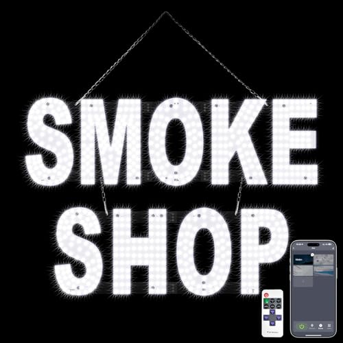 Smoke Shop Sign BT with Remote Control, Super Bright Dimmable LED Sign for Vape Smoke and Accessories Shop White