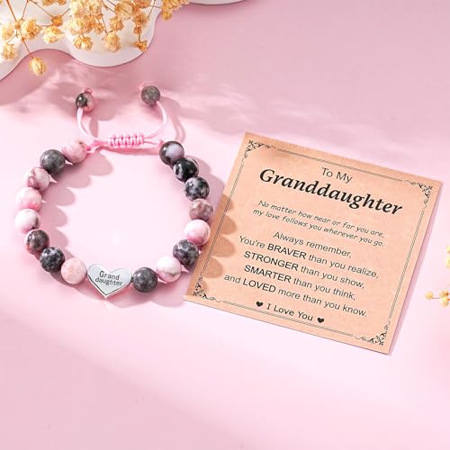 Image of Granddaughter Daughter Gifts -Heart Natural Stone Beaded Bracelet for Girls, Valentines Birthday Gifts for Girls Daughter Granddaughter
