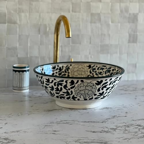 Handmade Ceramic Moroccan Vanity Vessel Sink, Handwash Countertop Vanity Basin Sink, Farmhouse Bathroom Basin, Hand Painted Wash Basin Sink for Bathroom with a Gift Included (8"= 20cm)