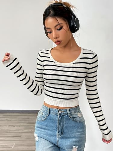 Image of Verdusa Women's Crop Sweaters Long Sleeve Scoop Neck Striped Fitted Pullover Tops Black and White Large