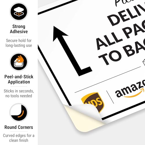 Image of Package Delivery Sign, Delivery Instructions All Package To Back Door Sign, 10x7 Inches, 4 Mil Vinyl Decal Stickers Weather Resistant, Made in USA