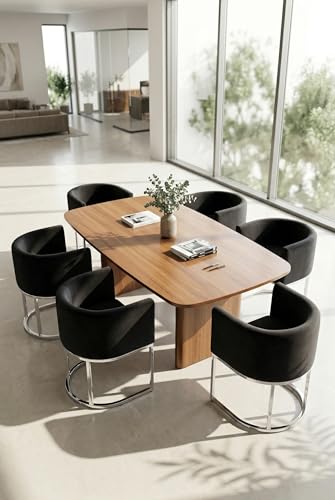 Image of HNY Mid Century Modern Upholstered Barrel Dining Chairs with Arms Set of 6, Velvet Kitchen & Dining Room Chairs, 18.5 inch Wide Accent Chairs for Dining Room Living Room with Chrome Metal Frame, Black