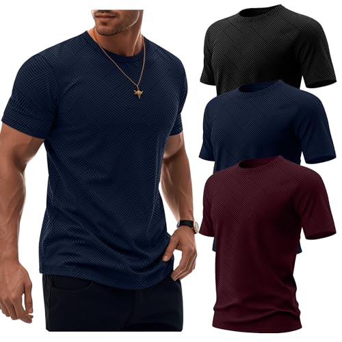 Ficerd 3 Pack Men's Cotton T Shirts Casual Short Sleeve Tops Crew Neck Texture Knit Blouse Fitted Summer Tee