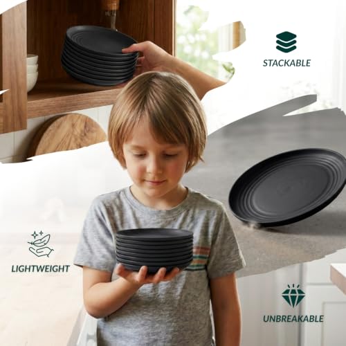 Image of Homienly Black Small Plates | 5.7 inch Unbreakable Melamine Appetizer & Dessert Plates, Chic Wheat Straw Salad Plates | For Sushi, Cocktails, Bread & Side Dishes -Set of 8, Black