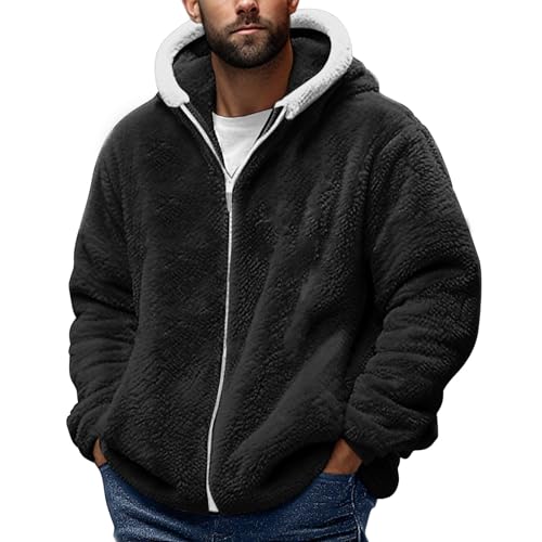 Mens Fuzzy Sherpa Jackets Casual Cozy Fleece Long Sleeve Full Zip Up Hoodies Warm Fall Winter Hooded Coat Fashion Black Fuzzy Hooded Jacket 2XL