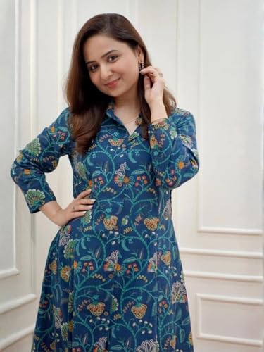 Image of Leriya Fashion Women's Cotton Printed A-Line Kurti Pant Set | Abstract Leaf & Floral Kurta with Trouser Pant | Casual Ethnic Co-ord Set for Women Stylish | Elegant Anarkali Style Tunic Kurta Set