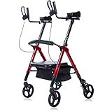 ELENKER Heavy Duty Upright Walker, Bariatric Stand Up Rollator Walker with Extra Wide Padded Seat & Backrest, Supports Up to 500 lbs, for Senior (Red)
