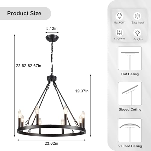 Image of 8-Lights Black Wagon Wheel Chandelier 26 inch Industrial Hanging Light Fixture for Dining Room Farmhouse Round Chandeliers for Living Room Foyer Hallway Kitchen Island Entryway