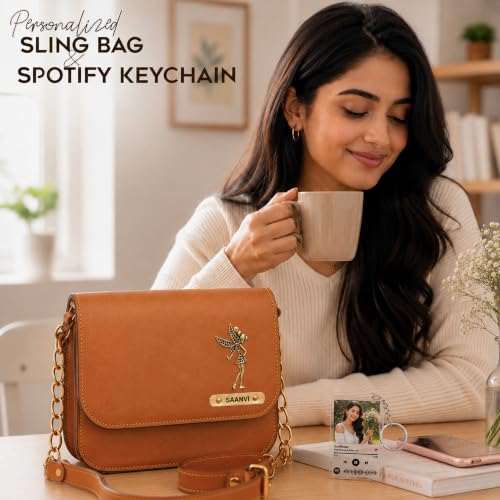 Image of SAVRI Personalized Rakhi Gift for Sister | Customized Leather Sling Bag with Name & Charm and Spotify Photo Keychain with Favourite Song, Personalised Gift Combo for Sister, Behan, Didi- Bro Sis Gift